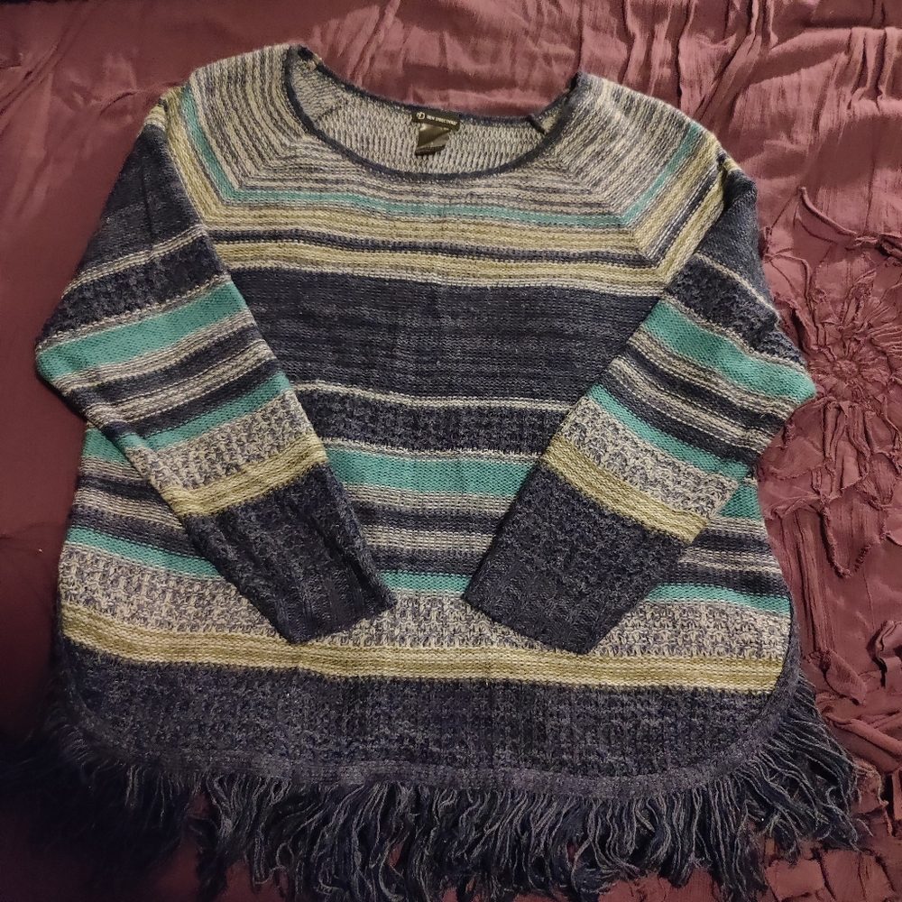 New Directions Large Sweater with Blue and grey stripes with fringe bottom